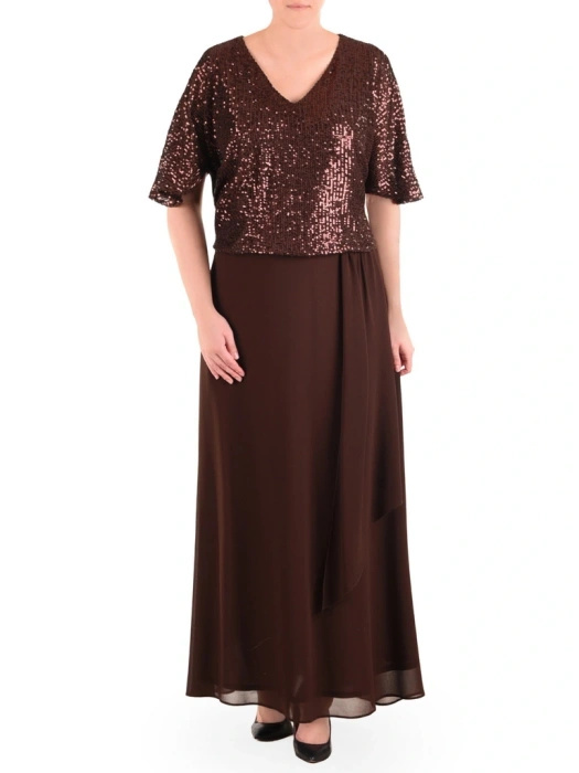 Elegancka brązowa sukienka maxi na wesele z cekinami – rozkloszowany krój z dekoltem V 41696