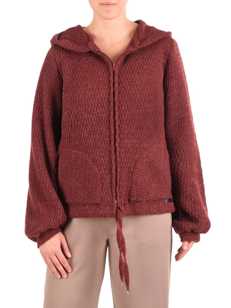 Elegancki sweter damski rozpinany w kolorze bordo – prosty krój z kapturem na chłodne dni 42173