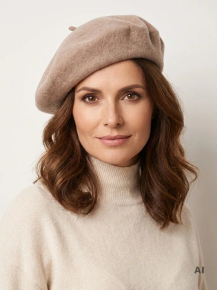 Elegancki beret damski wełniany beż melanż – stylowy fason francuski z antenką 40880