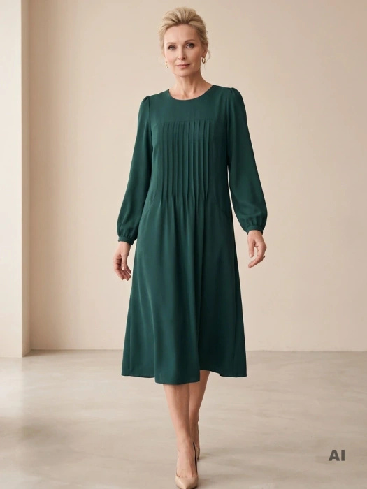 Ciemnozielona sukienka trapezowa midi z długim rękawem – stylowe plisy i fason tuszujący sylwetkę 37007