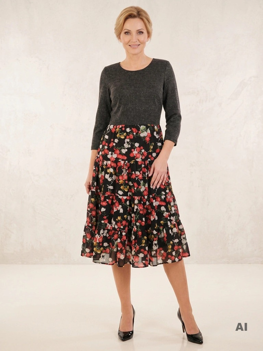 Elegancka sukienka rozkloszowana midi w kwiaty – kobiecy krój z rękawem 3/4 i ozdobną falbaną 31663