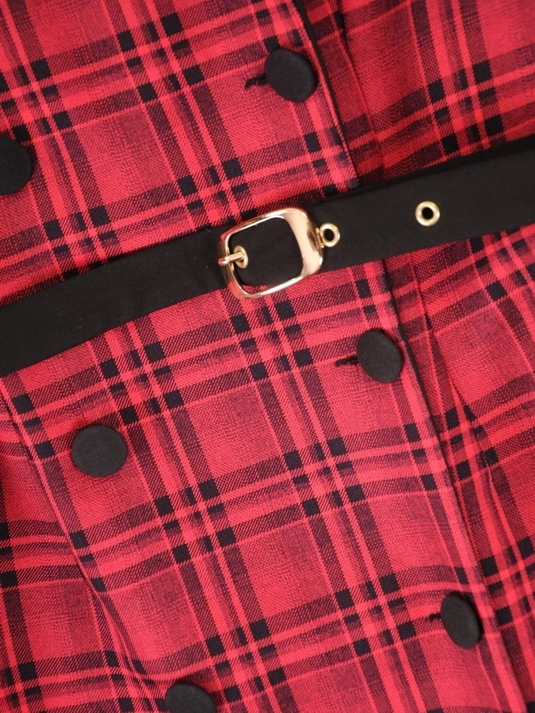 Bordowa sukienka żakietowa w kratę z dwurzędowymi guzikami – elegancki fason z paskiem w talii 37902