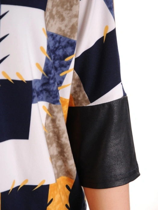 Wielobarwna bluzka damska z ekoskórą w modny patchwork – fason kimono, maskujący talię i wysmuklający plecy 32505