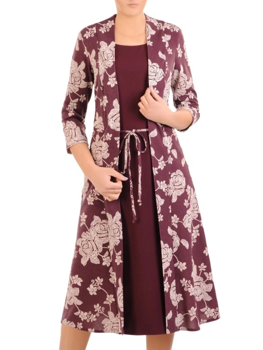 Elegancka bordowa sukienka rozkloszowana midi w kwiaty – wysmuklający fason z wiązaniem w talii 31014