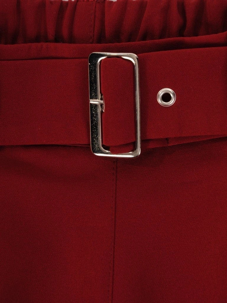 Wiśniowe spodnie damskie na gumce z prostą nogawką – fason wysmuklający nogi z paskiem 25905