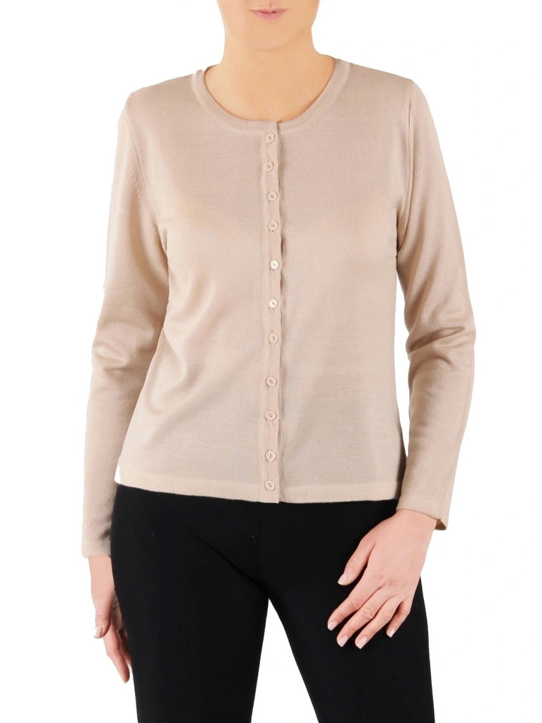 Elegancki sweter damski rozpinany w odcieniu beżowym – prosty fason z miękkiej dzianiny na chłodne dni 39246