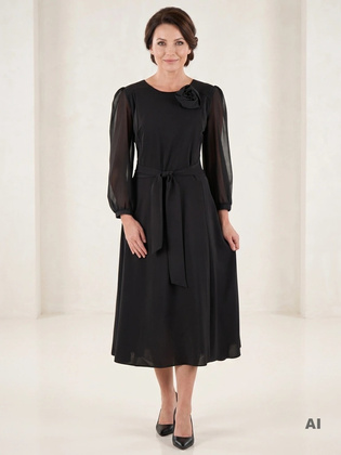 Elegancka czarna sukienka rozkloszowana maxi – szyfonowe rękawy i pasek podkreślający talię 40454