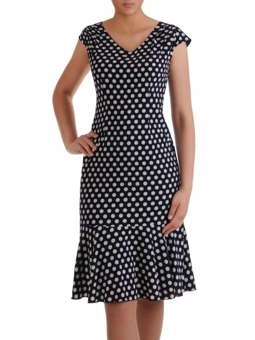 Elegancka sukienka trapezowa midi w groszki – pionowe zaszewki wysmuklające figurę 16628