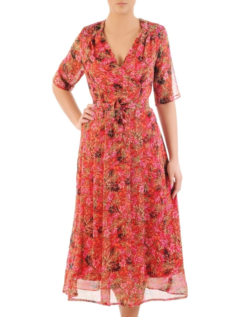 Elegancka sukienka rozkloszowana midi w kwiaty – dekolt w serek i fason wysmuklający figurę 33392