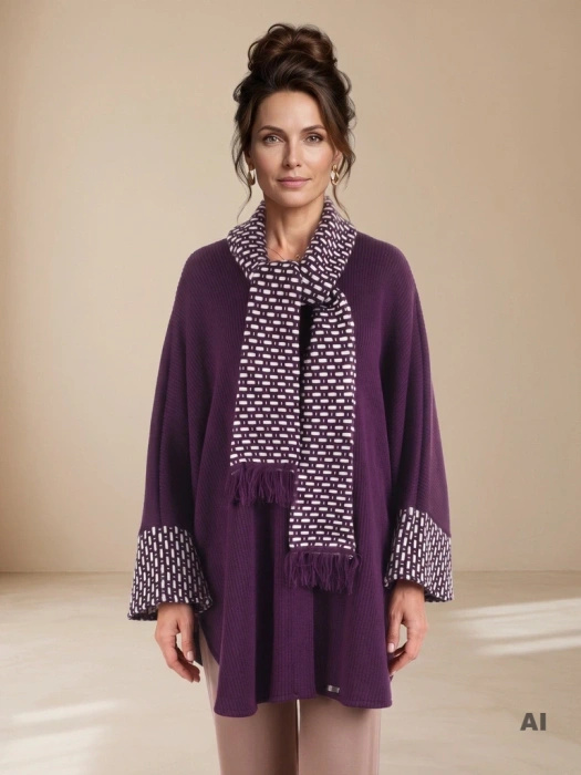 Elegancki fioletowy sweter damski z wiązaniem – luźny krój z zaokrąglonym dołem na jesień 42166