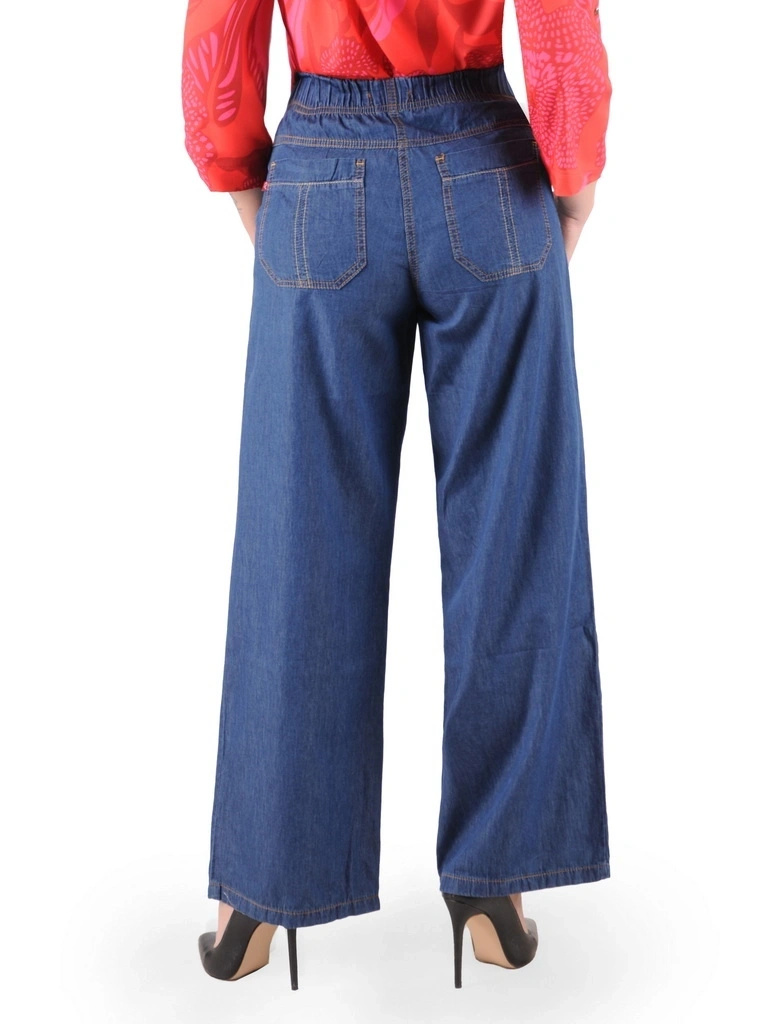 Granatowe klasyczne spodnie wide leg z gumką w pasie – elegancko modelujące sylwetkę na co dzień 38261