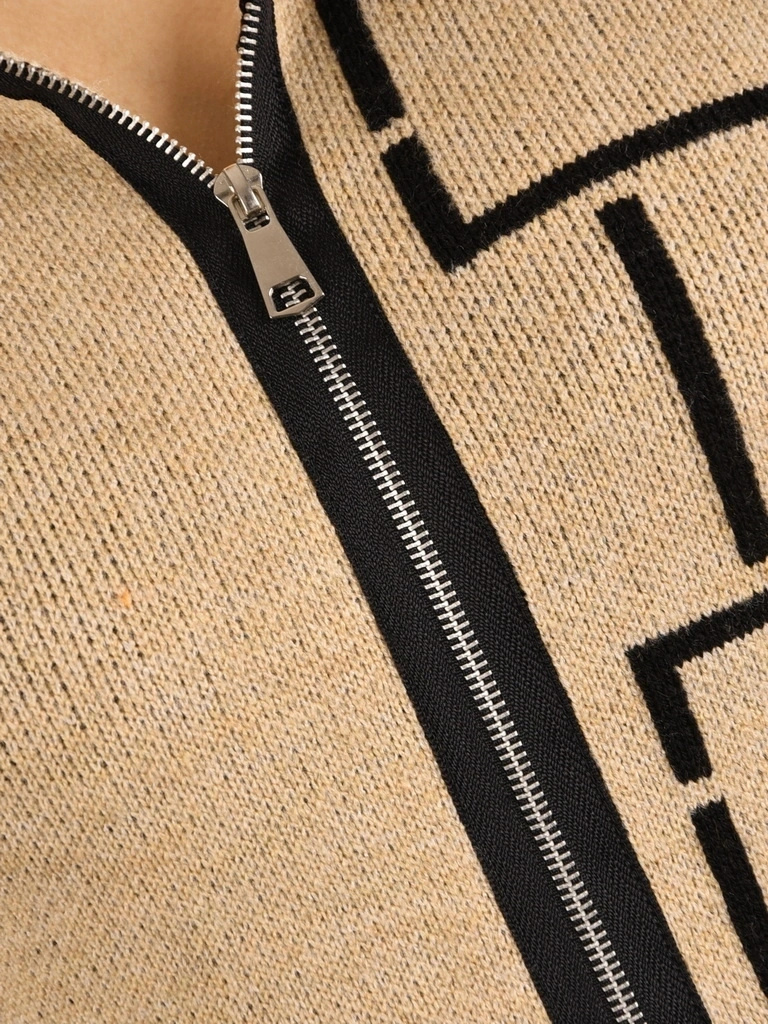 Elegancki sweter damski rozpinany na zamek beżowo-czarny – prosty, wysmuklający fason z kapturem na jesień 42152