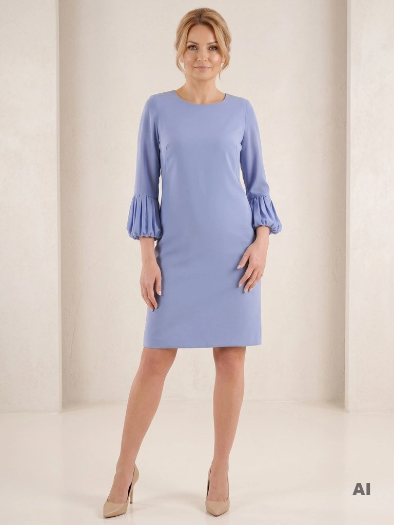 Niebieska elegancka sukienka wizytowa do kolan – prosty fason z wyszczuplającymi przeszyciami 35690