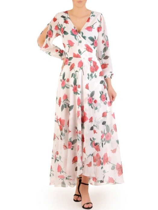 Biała sukienka maxi w kwiaty z kopertowym dekoltem – rozkloszowany fason z wiązaniem akcentującym talię 29996
