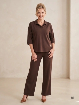 Brązowy komplet dresowy z dekoltem V i kołnierzykiem – wygodny fason z prostą nogawką 42158