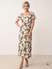 Elegancka sukienka trapezowa maxi w kwiaty khaki – wiskozowy model z paskiem modelującym talię 42085