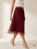 Bordowa trapezowa spódnica midi na jesień – wygodna guma w pasie modelująca sylwetkę 24841