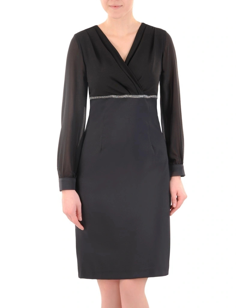 Czarna sukienka wieczorowa midi o prostym kroju – kopertowy dekolt i bufiaste rękawy 35115