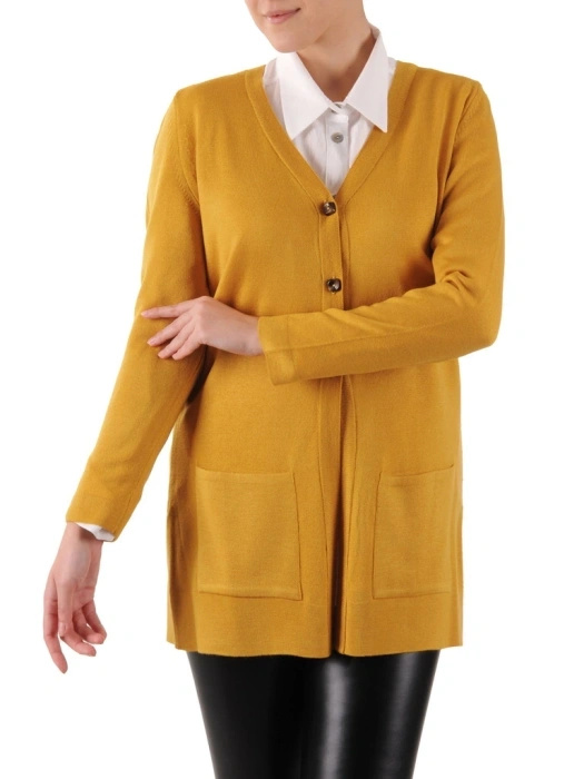 Elegancki sweter damski rozpinany musztardowy – prosty fason z dekoltem w serek na chłodne dni 38913