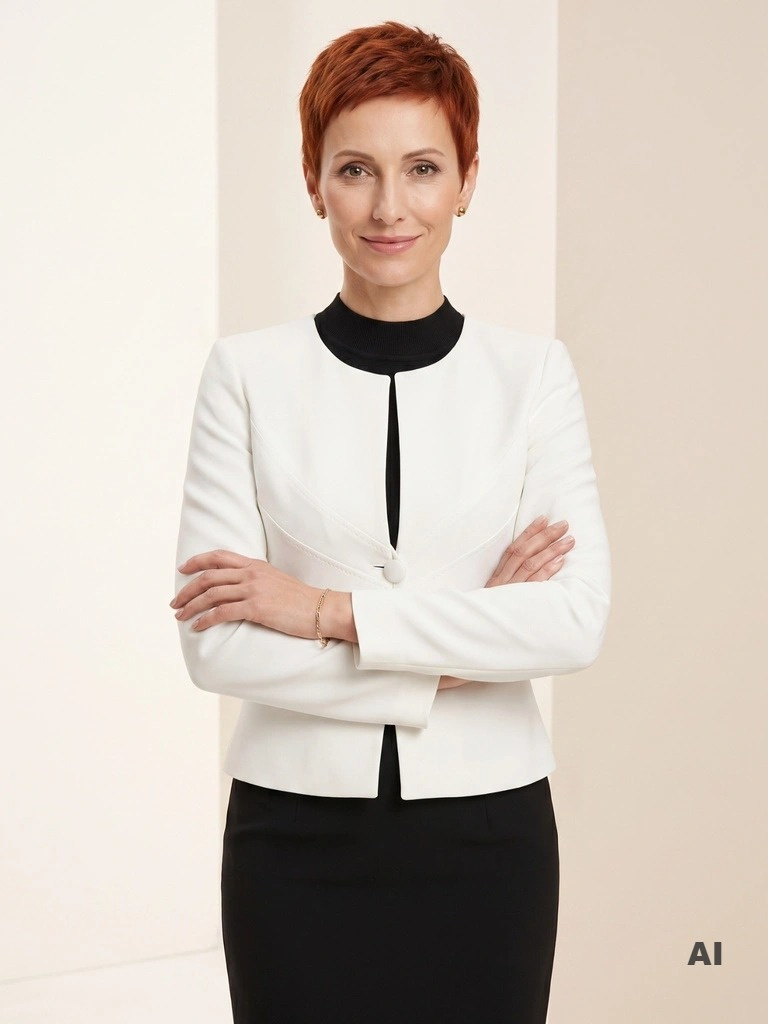 Elegancka biała marynarka damska do sukienki – klasyczny prosty fason z ozdobnymi guzikami 3371
