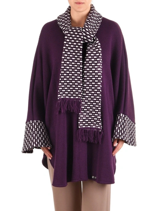 Elegancki fioletowy sweter damski z wiązaniem – luźny krój z zaokrąglonym dołem na jesień 42166