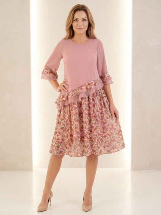 Elegancka sukienka trapezowa midi w kwiaty – lekki fason pięknie modelujący figurę 33305