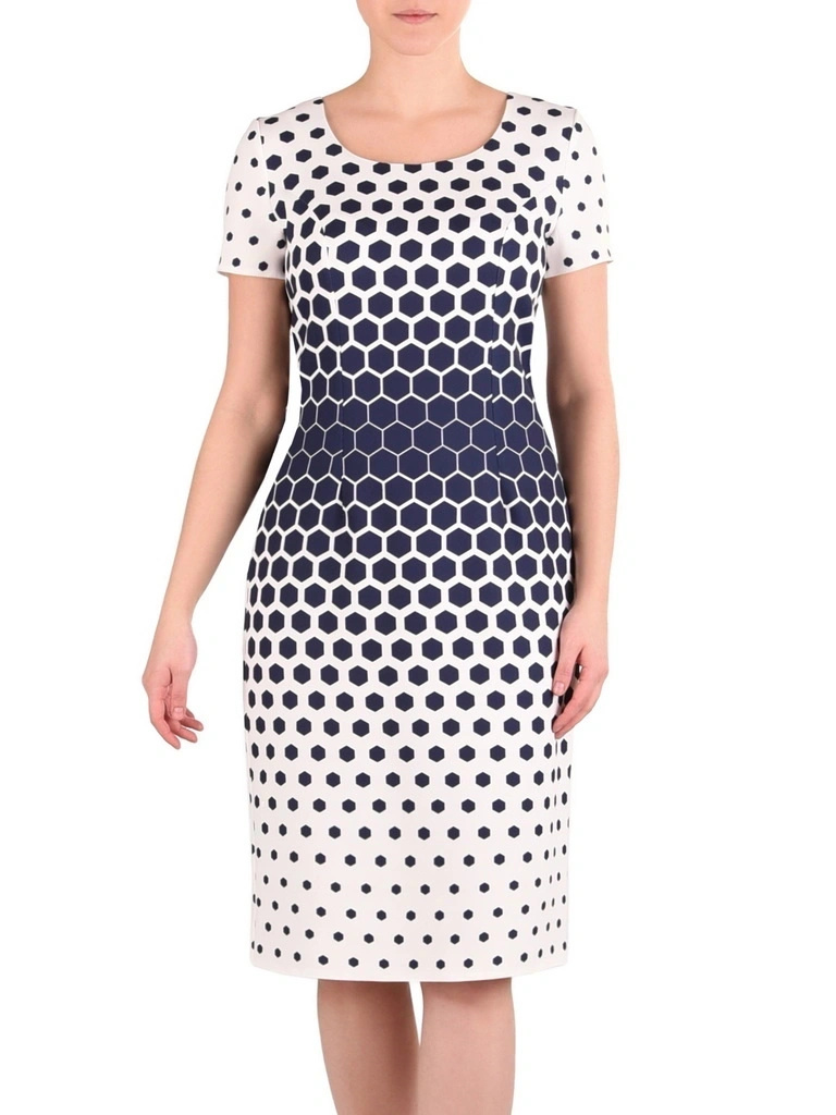 Elegancka sukienka midi w kontrastowy print o prostym kroju – wysmuklająca sylwetkę kreacja do biura 41544