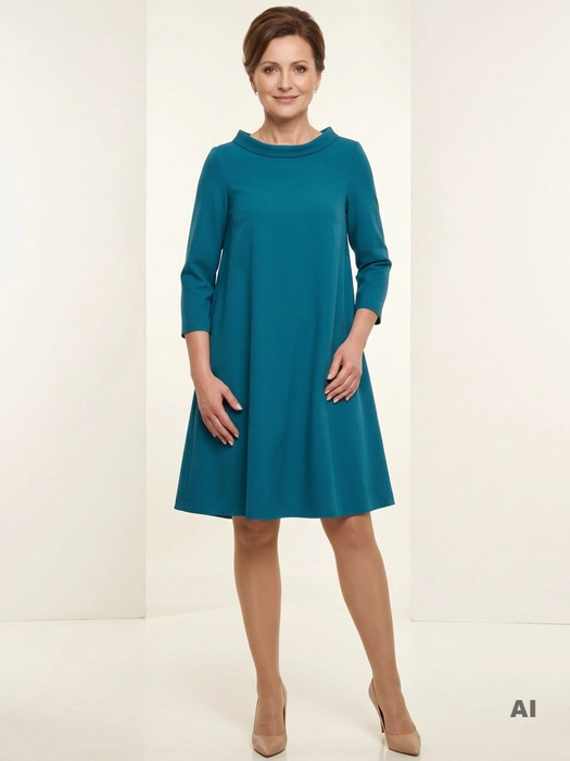 Morska sukienka trapezowa z rękawem 3/4 – ozdobna stójka i fason swobodnie tuszujący biodra 34978