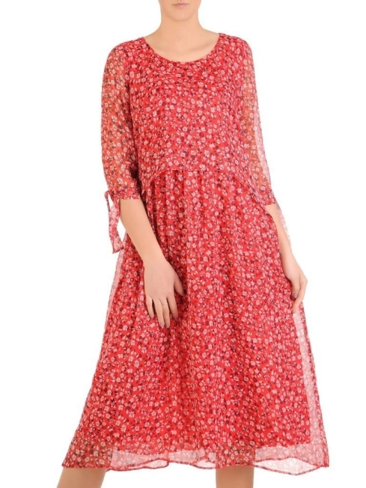 Elegancka sukienka trapezowa midi w czerwone kwiaty – tuszujący krój z rękawem 3/4 28929