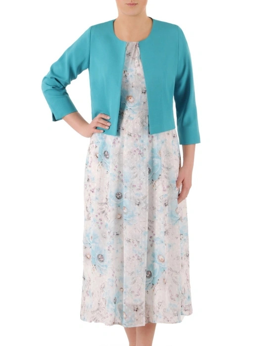 Garsonka damska na wesele maxi w szmaragdowe kwiaty – plisowany dół z żakietem 3/4 39309