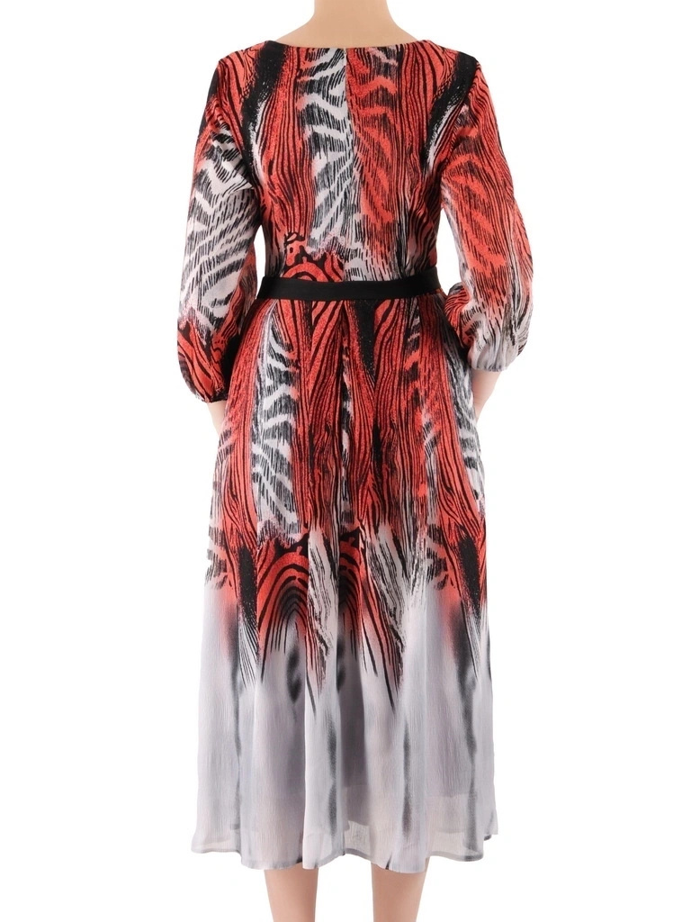 Jesienna sukienka rozkloszowana maxi w zwierzęcy print – kobiecy fason z paskiem wysmuklającym talię 39256