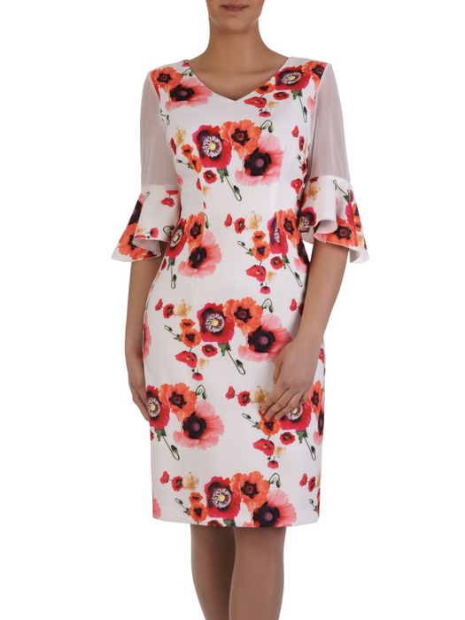 Wiosenna sukienka w kwiaty 15821, modna kreacja z ozdobnymi rękawami.