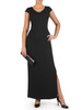 Czarna suknia z efektownym rozcięciem 18291, nowoczesna kreacja wieczorowa.