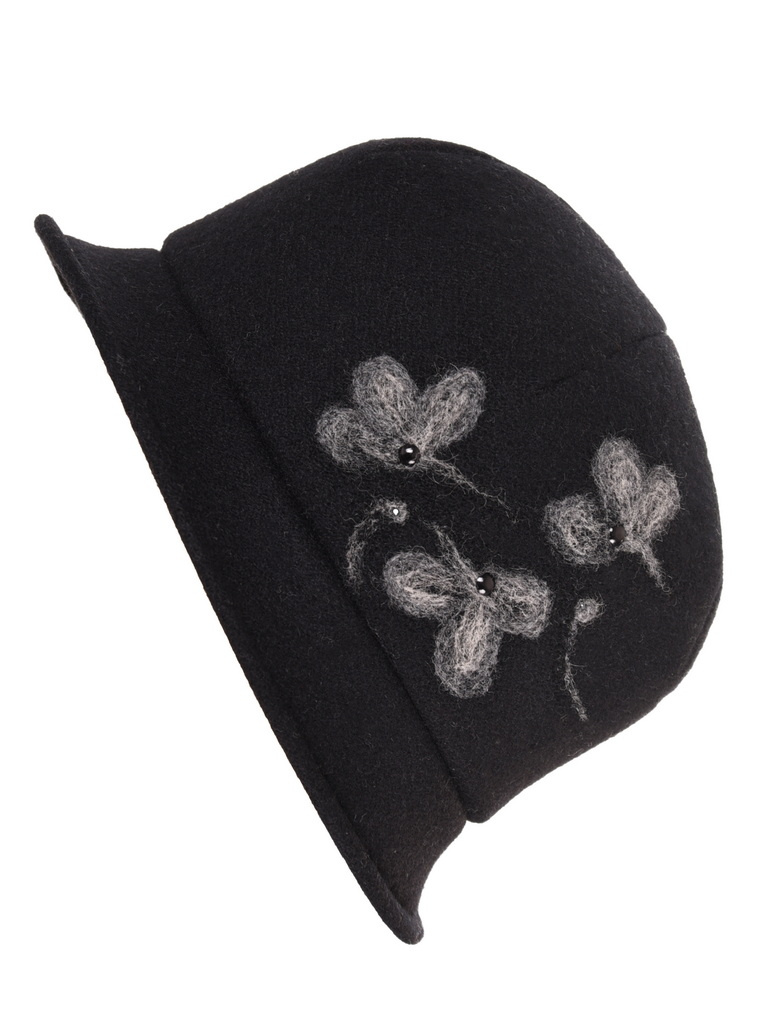 Elegancki czarny kapelusz damski cloche – wywinięte rondo i ozdobny kwiat 42373