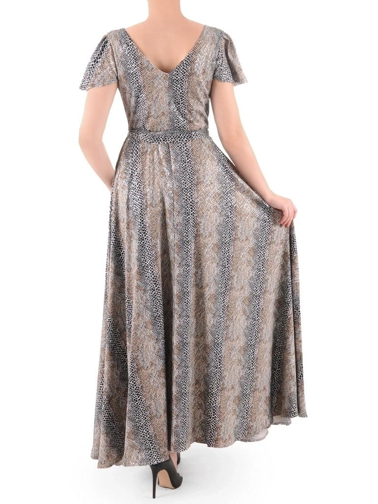 Czarna sukienka wieczorowa maxi rozkloszowana w zwierzęcy print – kobiecy fason z paskiem modelującym talię 38987
