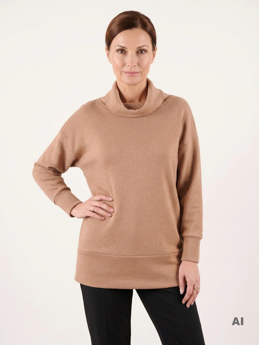 Elegancki sweter damski z golfem prosty beżowy – ciepły fason z kieszeniami na jesień i zimę 39097