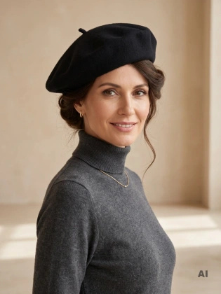Klasyczny czarny beret damski z wełny merynosa – elegancki fason z antenką w stylu francuskim 40874