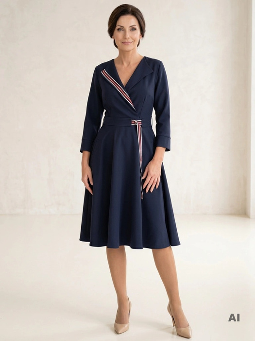 Elegancka sukienka rozkloszowana midi granatowa – ozdobny pasek z klamrą modelujący talię 33947