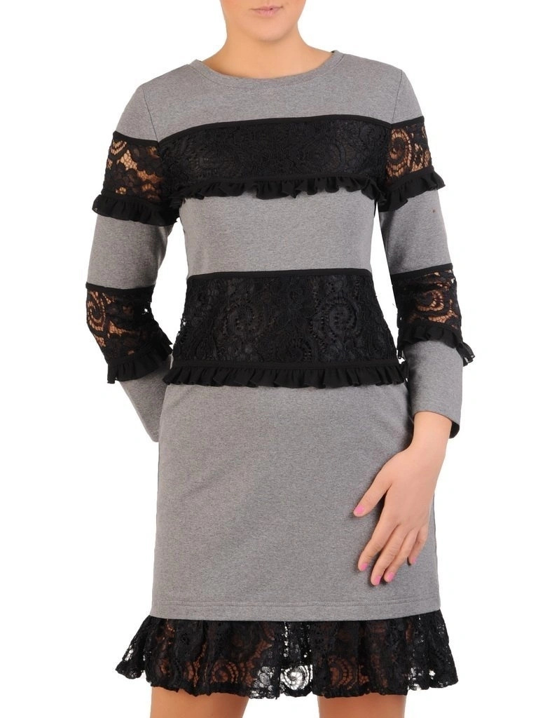 Elegancka stalowa sukienka trapezowa z koronką – fason subtelnie maskujący biodra 13531