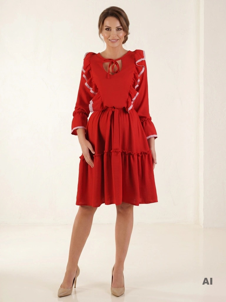 Elegancka czerwona sukienka rozkloszowana midi – wiązany dekolt i fason modelujący sylwetkę 24171