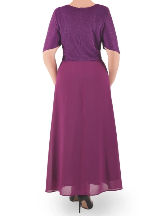 Elegancka fioletowa sukienka maxi na przyjęcie – rozkloszowany fason z dekoltem w serek 40334