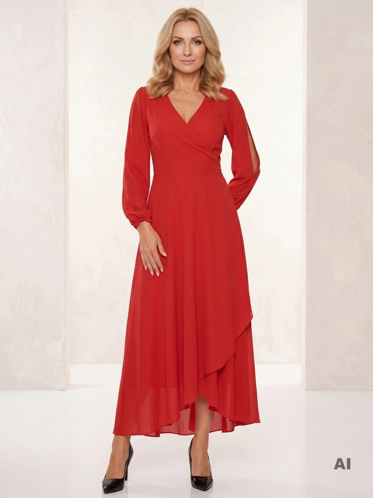 Elegancka czerwona sukienka rozkloszowana maxi – wiązanie w pasie wysmuklające talię 31236