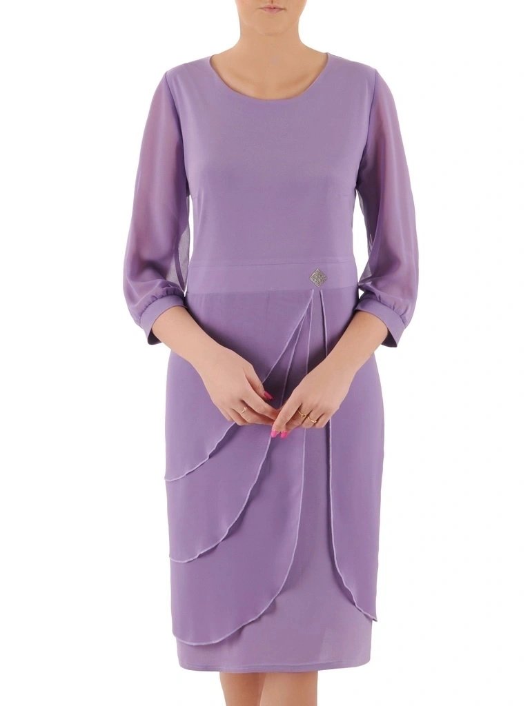 Liliowa sukienka na wesele midi o prostym kroju – elegancki fason z rękawem 3/4 i cyrkoniami 38257