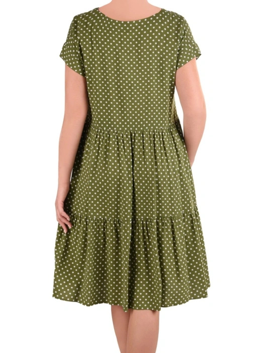 Wiskozowa sukienka rozkloszowana w grochy khaki – fason podkreślający talię i kobiece kształty 41410