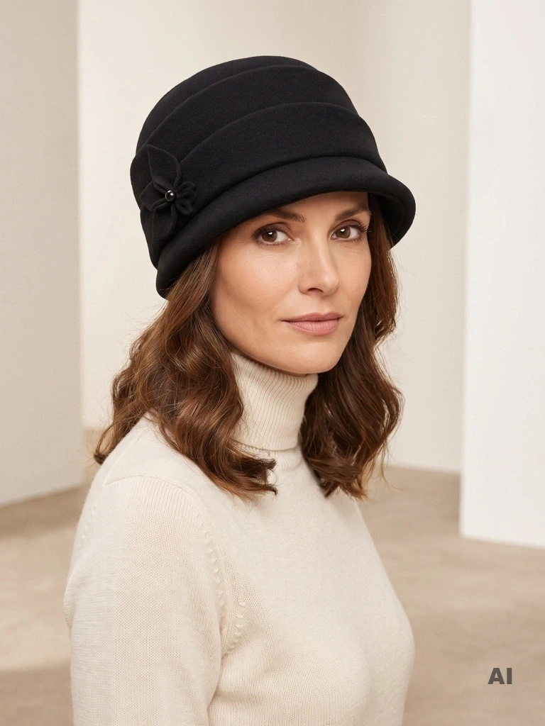 Elegancki czarny kapelusz damski cloche na jesień i zimę – ocieplany model z ozdobną wstawką 42695