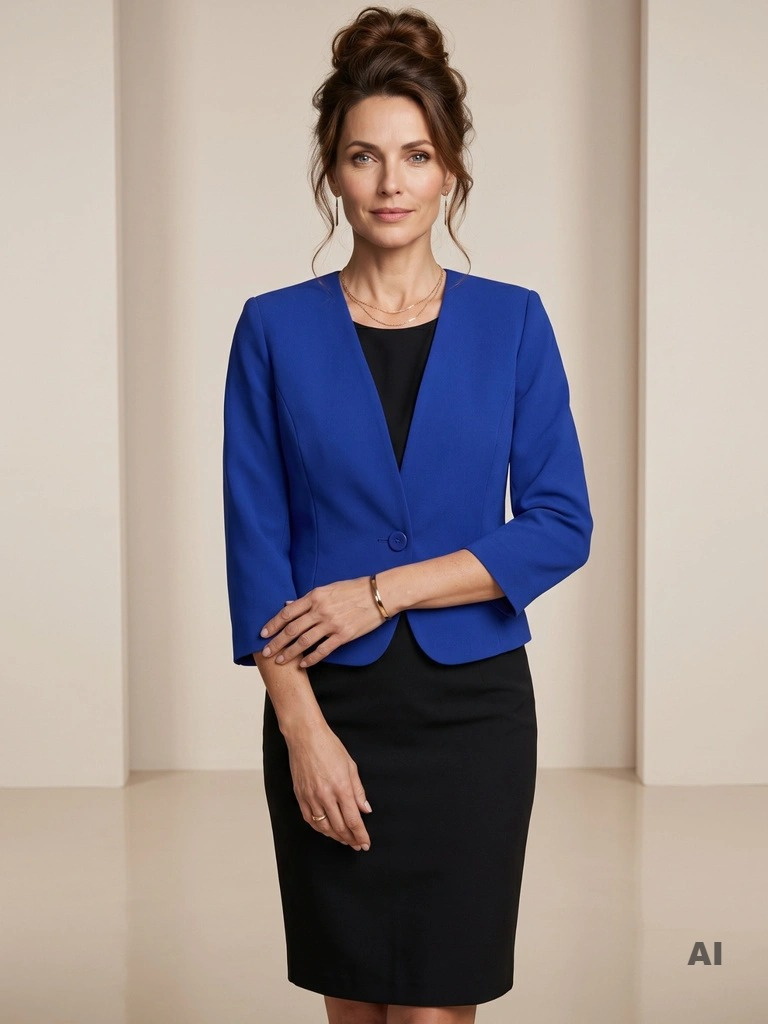 Elegancka marynarka damska do sukienki w kolorze chabrowym – taliowany fason modelujący sylwetkę 25158