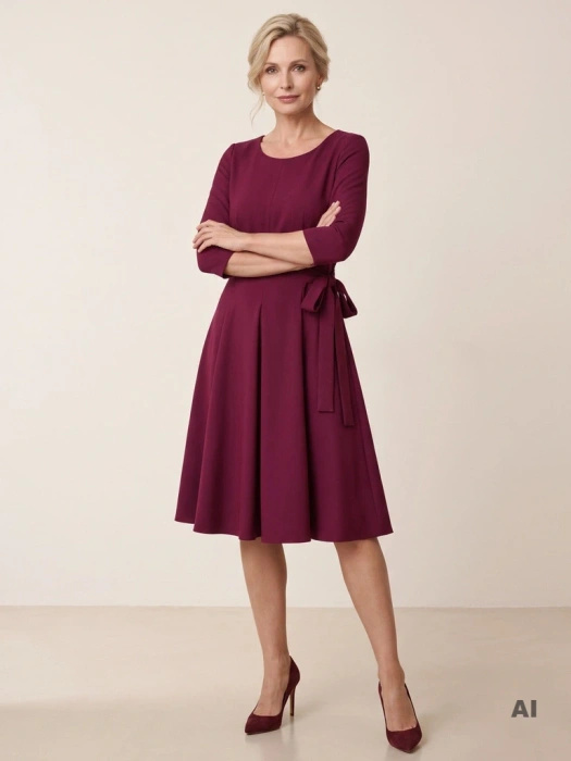 Elegancka sukienka rozkloszowana midi fuksja – kobiecy fason z wiązaniem modelujący talię 38766