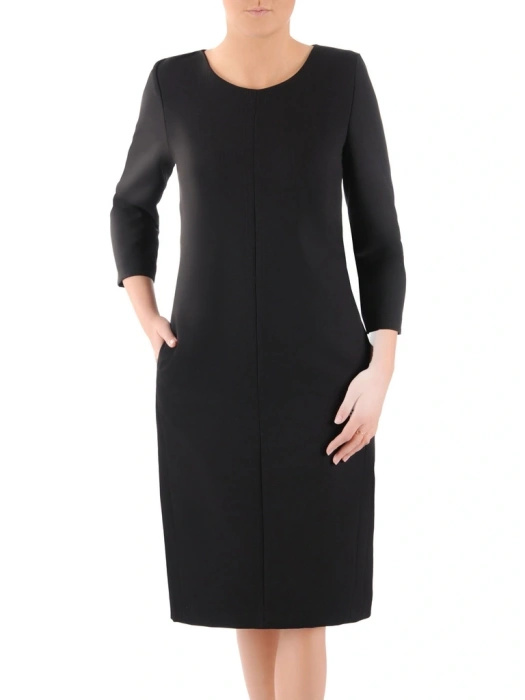 Elegancka czarna sukienka midi o prostym kroju – modelujące sylwetkę przeszycia i kieszenie 38721