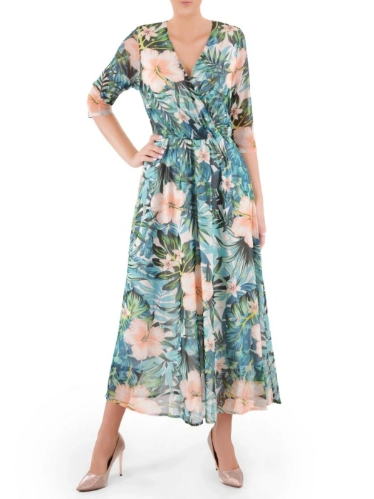 Elegancka zielona sukienka maxi rozkloszowana w kwiaty – wygodna gumka w pasie podkreślająca talię 37957