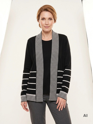 Czarny sweter bliźniak plus size w paski, fason prosty – wysmuklający do biura i na spotkania 38675